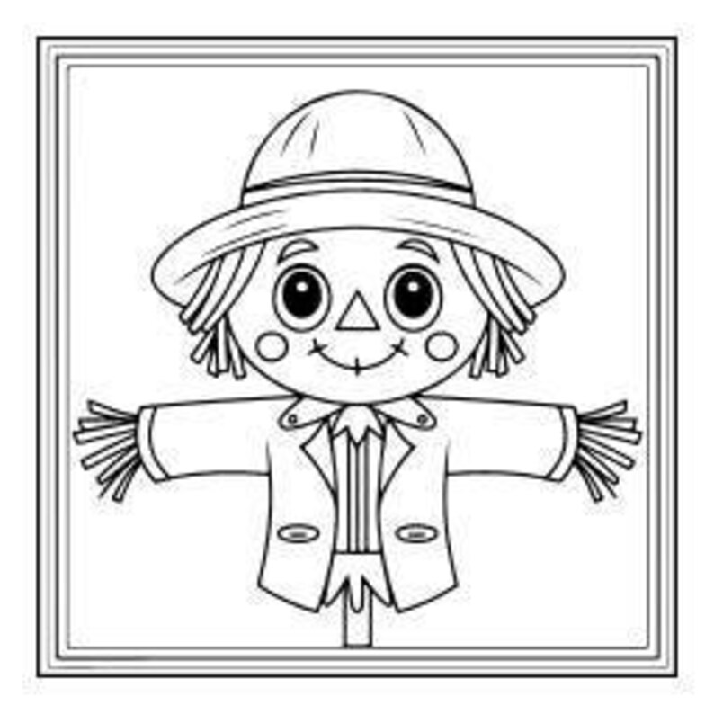 A line art drawing of a smiling scarecrow wearing a hat, shirt, and overalls, with straw hair and outstretched arms, set against a square background.