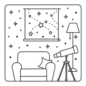 K&ouml;nnte beinhalten: Eine schwarz-wei&szlig;e Strichzeichnung, die einen Innenraum darstellt. Die Szene zeigt einen Sessel, eine Stehlampe und ein Teleskop auf einem Stativ. Die Wand ist mit einem Fenster verziert, das einen Sternenhimmel und Sternmotive zeigt.