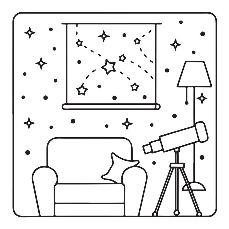 K&ouml;nnte beinhalten: Eine schwarz-wei&szlig;e Strichzeichnung, die einen Innenraum darstellt. Die Szene zeigt einen Sessel, eine Stehlampe und ein Teleskop auf einem Stativ. Die Wand ist mit einem Fenster verziert, das einen Sternenhimmel und Sternmotive zeigt.