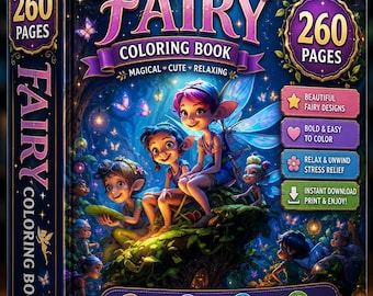260-Page Fairy Coloring Book, Magical Fantasy Art, Kids Adults (Digital Download)