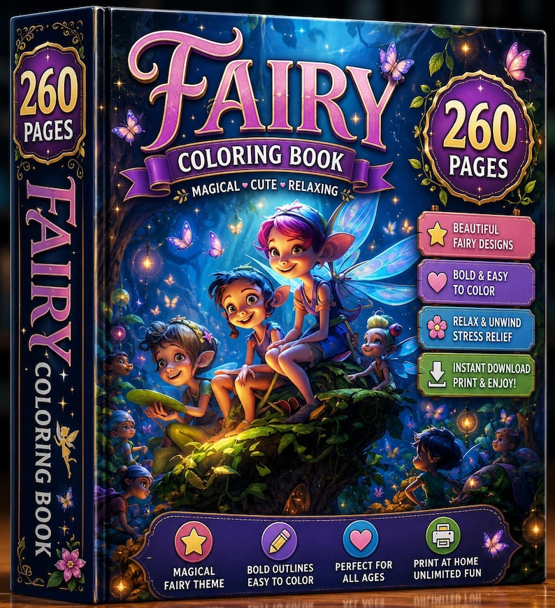 May include: A rectangular colouring book titled Fairy Colouring Book with 260 pages. The cover features illustrations of fairies in a forest setting with butterflies. Text includes Magical, Cute, Relaxing, Beautiful Fairy Designs, Bold & Easy to Colour, Relax & Unwind Stress Relief, Instant Download Print & Enjoy, Magical Fairy Theme, and Print at Home Unlimited Fun.