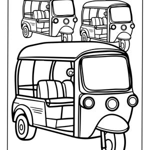Puede incluir: Una ilustraci&oacute;n de arte lineal en blanco y negro que muestra tres mototaxis. La composici&oacute;n incluye un veh&iacute;culo grande en primer plano y dos veh&iacute;culos m&aacute;s peque&ntilde;os colocados encima, todos representados con contornos simples y sin sombreado.
