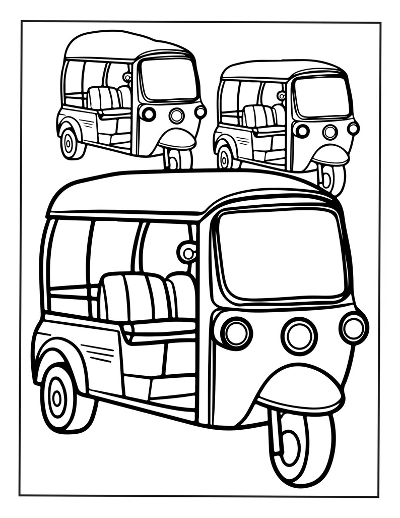 Puede incluir: Una ilustraci&oacute;n de arte lineal en blanco y negro que muestra tres mototaxis. La composici&oacute;n incluye un veh&iacute;culo grande en primer plano y dos veh&iacute;culos m&aacute;s peque&ntilde;os colocados encima, todos representados con contornos simples y sin sombreado.