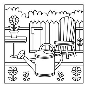 A black and white line art coloring page showing a watering can and a potted flower on a table next to a chair, with a picket fence in the background.