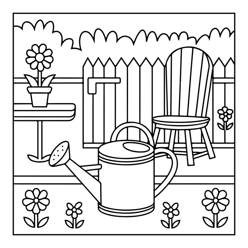A black and white line art coloring page showing a watering can and a potted flower on a table next to a chair, with a picket fence in the background.