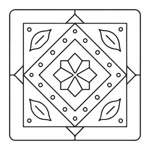 May include: A square tile featuring a black and white line art design. The pattern consists of a central eight-pointed star enclosed within a diamond border decorated with small circles. Four leaf shapes are positioned in the corners.