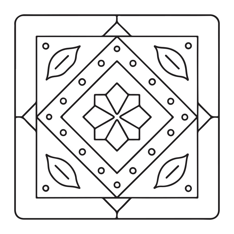 May include: A square tile featuring a black and white line art design. The pattern consists of a central eight-pointed star enclosed within a diamond border decorated with small circles. Four leaf shapes are positioned in the corners.