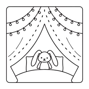 K&ouml;nnte beinhalten: Eine schwarz-wei&szlig;e Strichzeichnung, die einen kleinen Hasen zeigt, der auf einem Bett mit einem Kissen sitzt. Die Szene wird von drapierten Vorh&auml;ngen und zwei Schn&uuml;ren mit h&auml;ngenden, kreisf&ouml;rmigen Lichtern eingerahmt, die sich oben treffen.