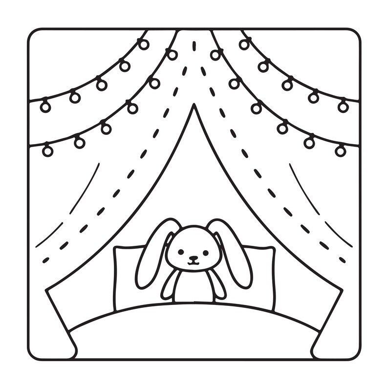 K&ouml;nnte beinhalten: Eine schwarz-wei&szlig;e Strichzeichnung, die einen kleinen Hasen zeigt, der auf einem Bett mit einem Kissen sitzt. Die Szene wird von drapierten Vorh&auml;ngen und zwei Schn&uuml;ren mit h&auml;ngenden, kreisf&ouml;rmigen Lichtern eingerahmt, die sich oben treffen.