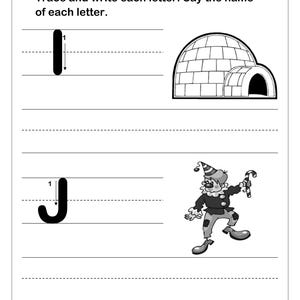 May include: An educational worksheet with the text 'Name', 'Trace and write each letter. Say the name of each letter.' It features the uppercase letter I with a directional arrow next to an igloo illustration, and the uppercase letter J with a directional arrow next to a clown illustration holding a candy cane.