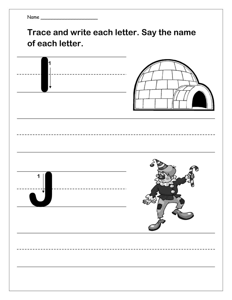 May include: An educational worksheet with the text 'Name', 'Trace and write each letter. Say the name of each letter.' It features the uppercase letter I with a directional arrow next to an igloo illustration, and the uppercase letter J with a directional arrow next to a clown illustration holding a candy cane.