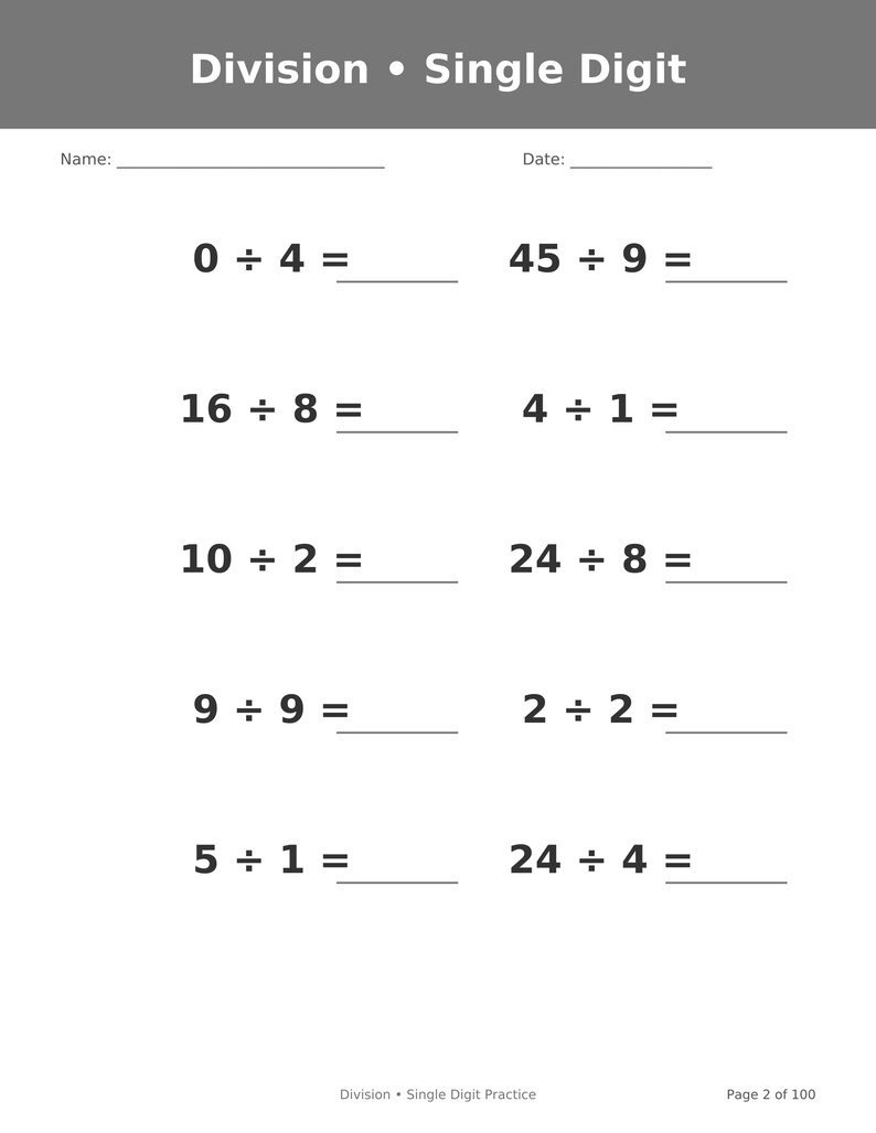 May include: A white educational worksheet titled Division &bull; Single Digit with a gray header. It features ten math problems arranged in two columns, including 0 &divide; 4, 45 &divide; 9, 16 &divide; 8, 4 &divide; 1, 10 &divide; 2, 24 &divide; 8, 9 &divide; 9, 2 &divide; 2, 5 &divide; 1, and 24 &divide; 4, with blank lines for answers.