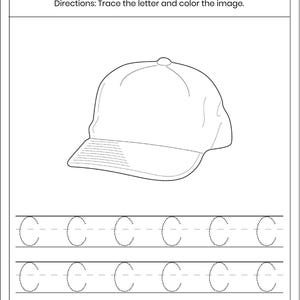 May include: A black and white educational worksheet titled Letter Tracing with the instruction Trace the letter and color the image. It features a line drawing of a baseball cap and three rows of the dotted uppercase letter C for tracing.