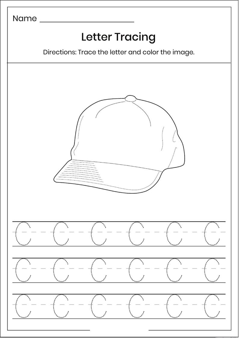 May include: A black and white educational worksheet titled Letter Tracing with the instruction Trace the letter and color the image. It features a line drawing of a baseball cap and three rows of the dotted uppercase letter C for tracing.