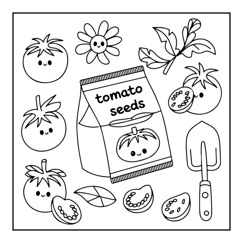 A black and white coloring page featuring various garden items including a packet of "Tomato seeds," whole and sliced tomatoes with faces, a flower, and a small shovel.
