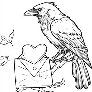 Puede incluir: Una ilustraci&oacute;n de arte lineal en blanco y negro que muestra un cuervo posado en una rama. El cuervo est&aacute; situado junto a un sobre sellado que tiene una forma de coraz&oacute;n unida a la solapa. Varias hojas peque&ntilde;as est&aacute;n dispersas.