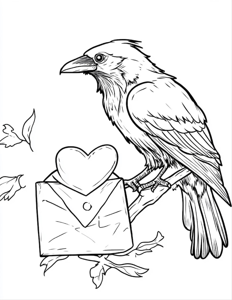 Puede incluir: Una ilustraci&oacute;n de arte lineal en blanco y negro que muestra un cuervo posado en una rama. El cuervo est&aacute; situado junto a un sobre sellado que tiene una forma de coraz&oacute;n unida a la solapa. Varias hojas peque&ntilde;as est&aacute;n dispersas.