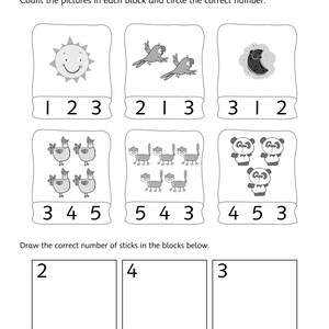 Pu&ograve; includere: Una scheda didattica in bianco e nero intitolata Counting con sei blocchi contenenti illustrazioni di un sole, uccelli, una luna, polli, gatti e panda, ciascuno con opzioni numeriche sottostanti. La sezione inferiore presenta tre quadrati vuoti.