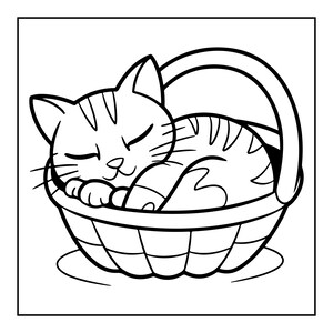 May include: A black and white line art illustration of a tabby cat sleeping inside a woven basket. The cat has closed eyes, visible whiskers, and striped markings on its head and body. The basket features a curved handle and a grid pattern.