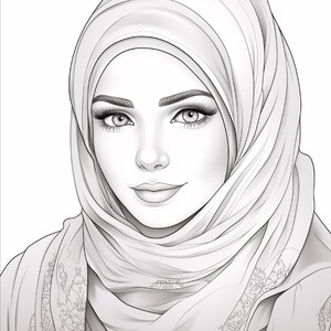 Pu&ograve; includere: Un'illustrazione in bianco e nero a tratto di una persona che indossa un hijab. Il disegno presenta tratti del viso dettagliati, tra cui sopracciglia definite, ciglia lunghe e un sorriso accennato. L'hijab presenta complessi motivi floreali.