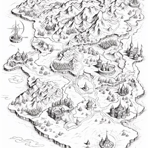 Pode incluir: Uma ilustra&ccedil;&atilde;o a tinta preta e branca de um mapa de fantasia apresentando cadeias de montanhas irregulares, florestas densas e v&aacute;rias estruturas de castelos distintas. A paisagem inclui rios sinuosos e torres isoladas.