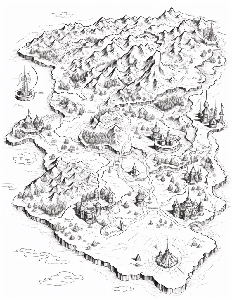 Pode incluir: Uma ilustra&ccedil;&atilde;o a tinta preta e branca de um mapa de fantasia apresentando cadeias de montanhas irregulares, florestas densas e v&aacute;rias estruturas de castelos distintas. A paisagem inclui rios sinuosos e torres isoladas.