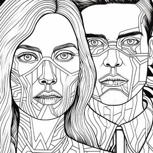 Op de afbeelding: Een zwart-wit lijntekening met twee personen, een met lang haar en een met kort haar. De gezichten en halzen van beide personen zijn bedekt met ingewikkelde, geometrische, circuitachtige patronen die doen denken aan robotische ontwerpen.