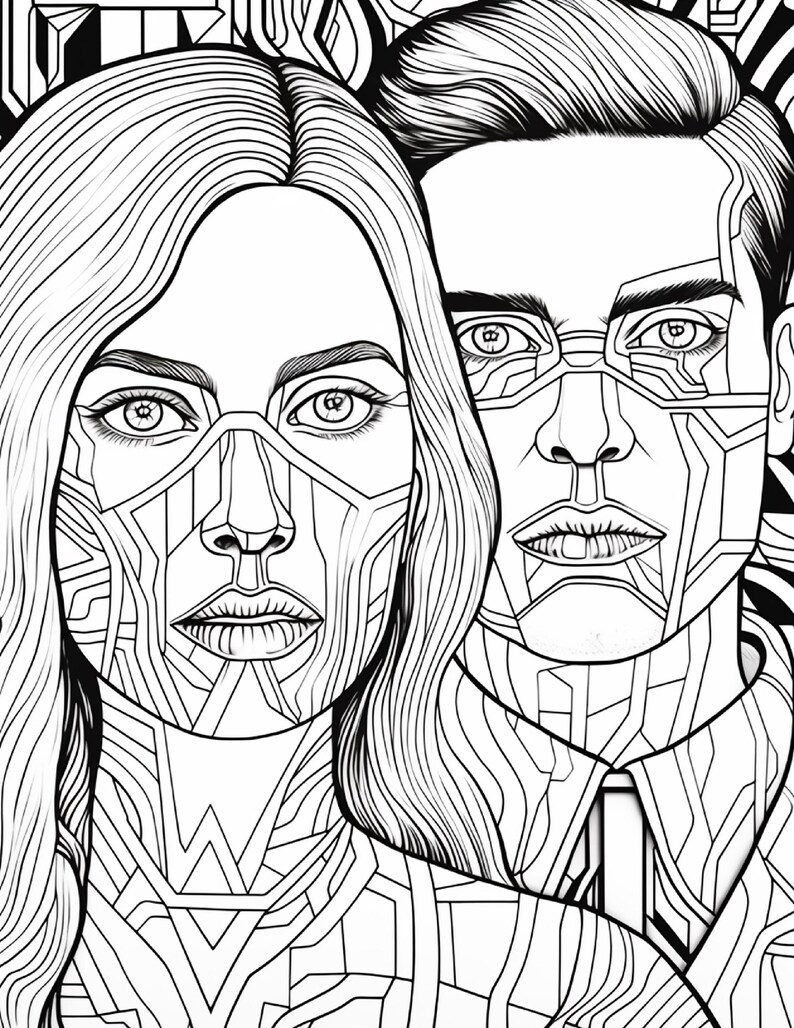 Op de afbeelding: Een zwart-wit lijntekening met twee personen, een met lang haar en een met kort haar. De gezichten en halzen van beide personen zijn bedekt met ingewikkelde, geometrische, circuitachtige patronen die doen denken aan robotische ontwerpen.