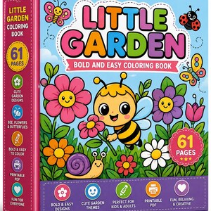 Peut inclure: Un livre de coloriage Little Garden de 61 pages, avec une couverture bleu clair illustr&eacute;e d'une abeille, de fleurs, de papillons et d'un escargot. Le titre indique Little Garden Bold and Easy Coloring Book, avec des ic&ocirc;nes sur la tranche.