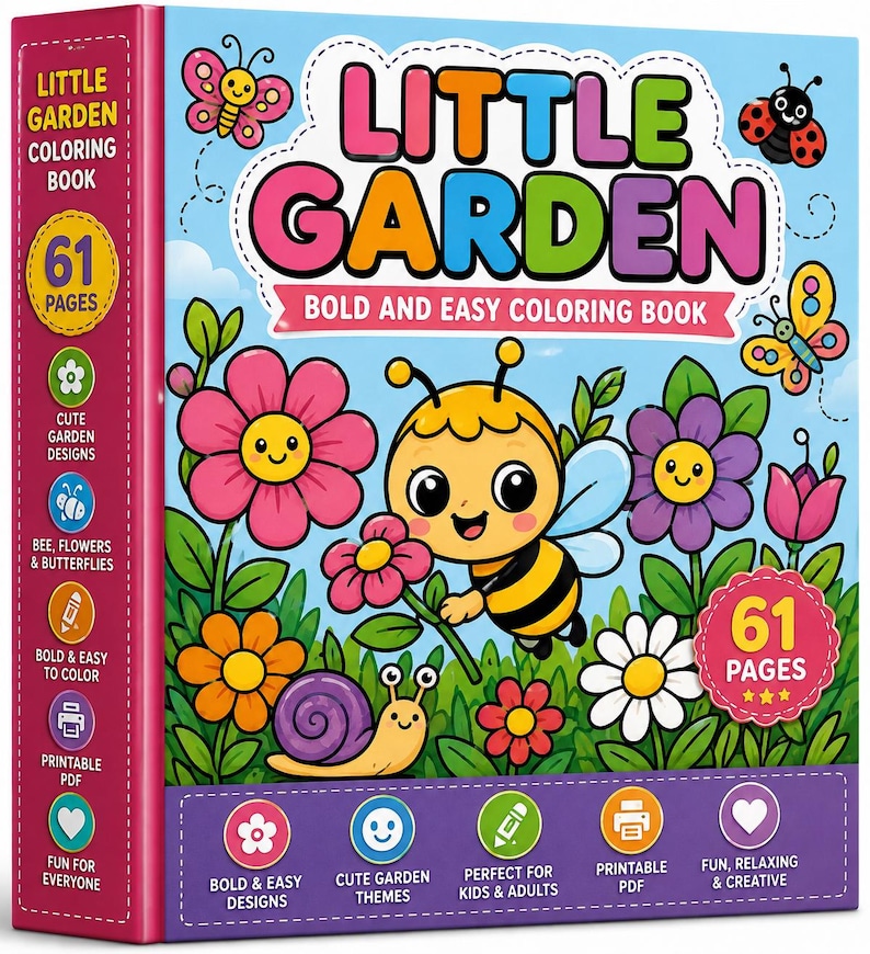 Peut inclure: Un livre de coloriage Little Garden de 61 pages, avec une couverture bleu clair illustr&eacute;e d'une abeille, de fleurs, de papillons et d'un escargot. Le titre indique Little Garden Bold and Easy Coloring Book, avec des ic&ocirc;nes sur la tranche.