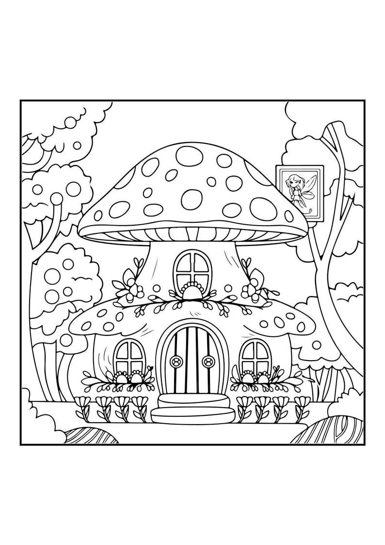 A line art coloring page illustrates a mushroom house with a door, windows, and a picture frame on the cap, nestled among trees and foliage.
