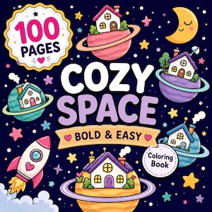 Cozy Space Coloring Book | 100 Bold Easy Pages (Digital Download) image 1