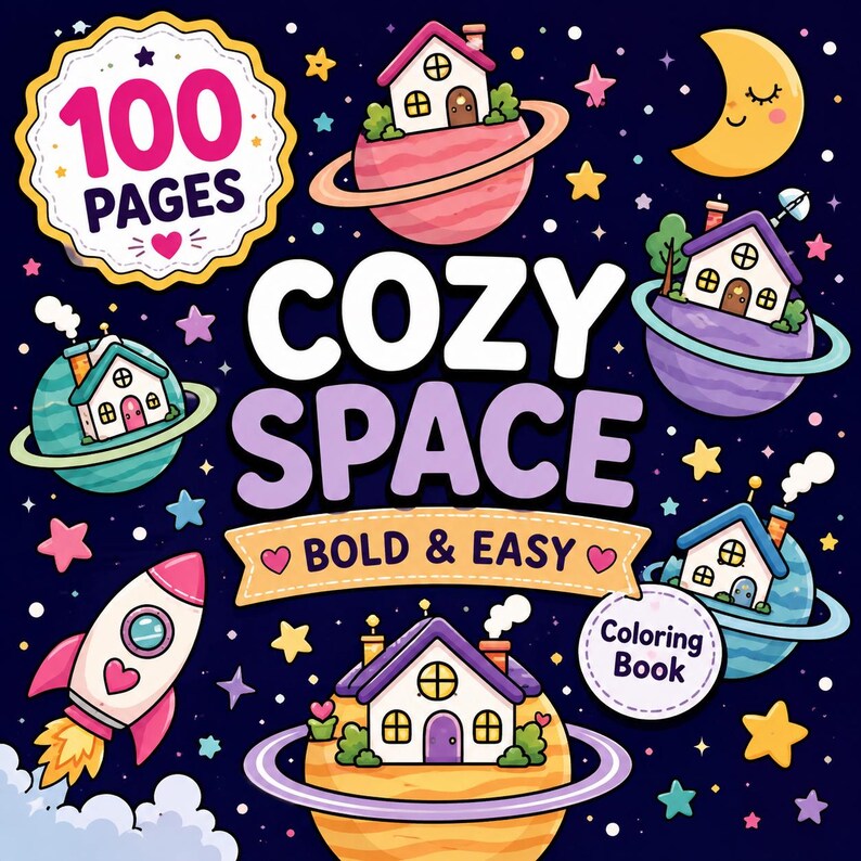 Cozy Space Coloring Book | 100 Bold Easy Pages (Digital Download) image 1