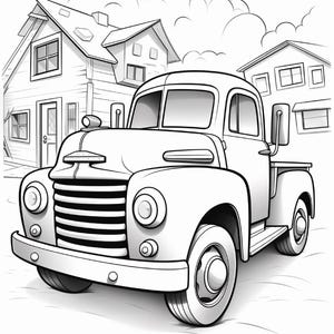 May include: A black and white line art colouring page featuring a vintage pickup truck parked in front of two houses. The truck has a prominent front grille, round headlights, and side mirrors. The background shows houses with windows and roofs.