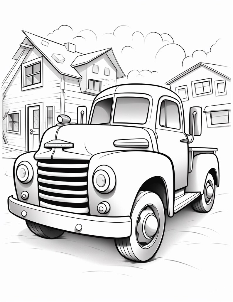 May include: A black and white line art colouring page featuring a vintage pickup truck parked in front of two houses. The truck has a prominent front grille, round headlights, and side mirrors. The background shows houses with windows and roofs.