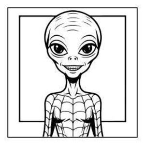 A line drawing of an alien's head and shoulders, with a spiderweb pattern on its chest.
