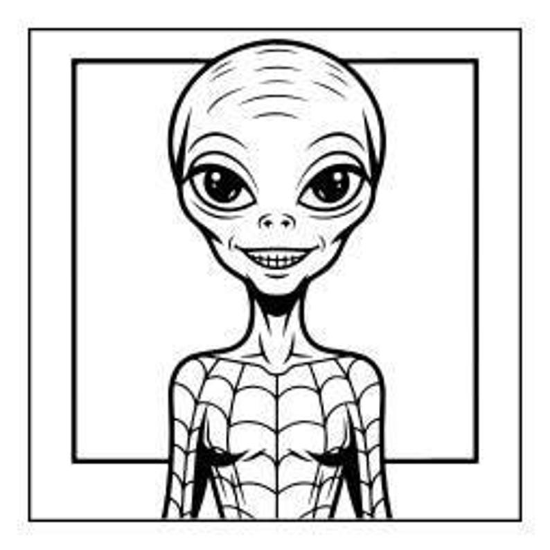A line drawing of an alien's head and shoulders, with a spiderweb pattern on its chest.