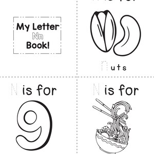 A printable coloring worksheet for the letter N featuring nuts, the number nine, and noodles with tracing lines.