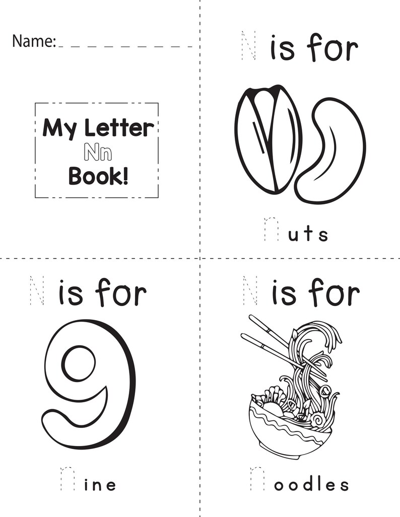 A printable coloring worksheet for the letter N featuring nuts, the number nine, and noodles with tracing lines.