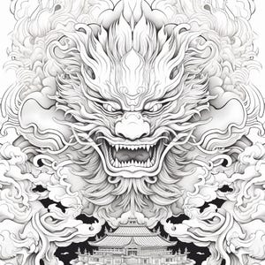 Puede incluir: Una ilustraci&oacute;n de arte lineal en blanco y negro que presenta una cabeza de drag&oacute;n detallada con una expresi&oacute;n feroz, rodeada de nubes y humo arremolinados. Debajo del drag&oacute;n, un edificio tradicional con techo de varios niveles sobre una isla.