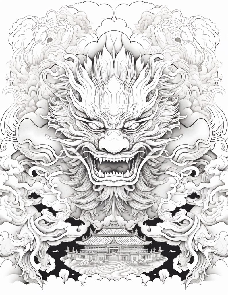 Puede incluir: Una ilustraci&oacute;n de arte lineal en blanco y negro que presenta una cabeza de drag&oacute;n detallada con una expresi&oacute;n feroz, rodeada de nubes y humo arremolinados. Debajo del drag&oacute;n, un edificio tradicional con techo de varios niveles sobre una isla.