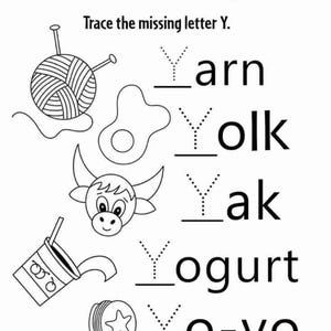 Op de afbeelding: Een zwart-wit werkblad met de titel Trace the missing letter Y. Het bevat illustraties van een bol wol, een eidooier, een jak, een beker yoghurt en een jojo, elk gekoppeld aan woorden waarbij de letter Y ontbreekt om over te trekken.