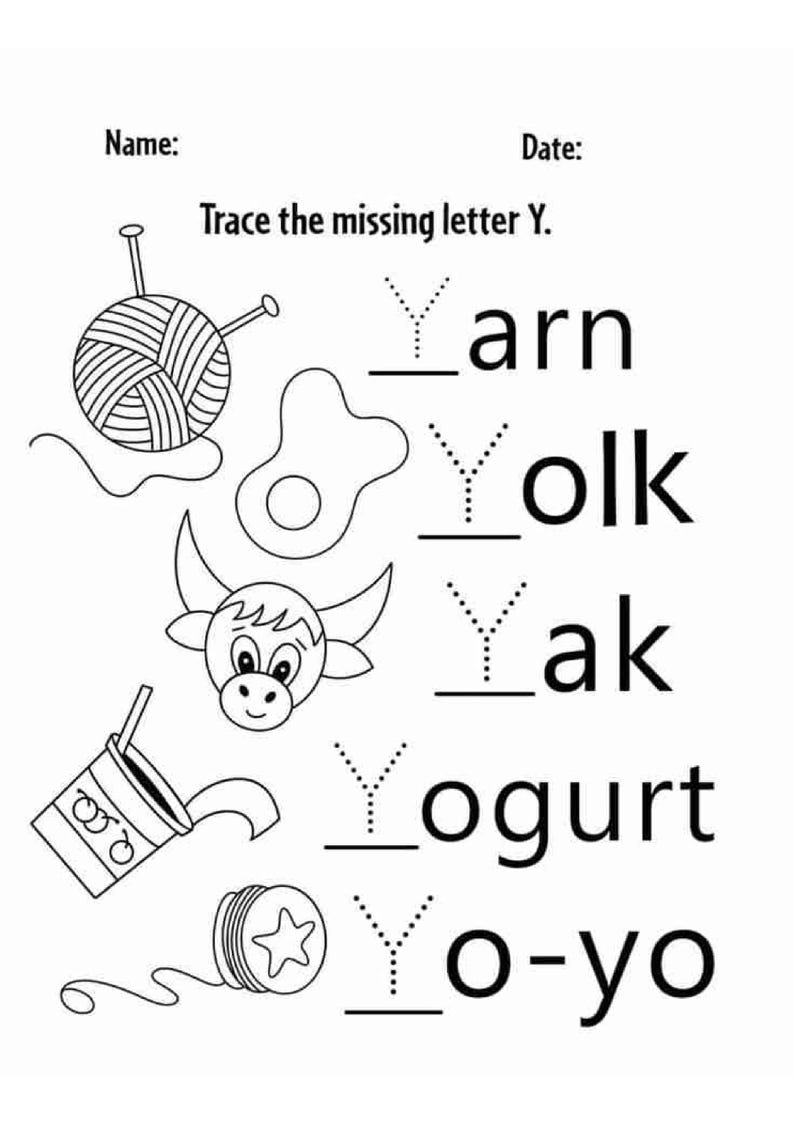 Op de afbeelding: Een zwart-wit werkblad met de titel Trace the missing letter Y. Het bevat illustraties van een bol wol, een eidooier, een jak, een beker yoghurt en een jojo, elk gekoppeld aan woorden waarbij de letter Y ontbreekt om over te trekken.