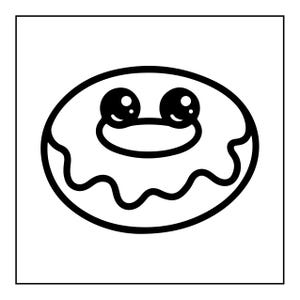 Pu&ograve; includere: Un'illustrazione a linee in bianco e nero di una ciambella con uno strato di glassa spesso e ondulato sulla parte superiore. La ciambella presenta due grandi occhi circolari con piccoli riflessi bianchi, conferendole un aspetto da personaggio.