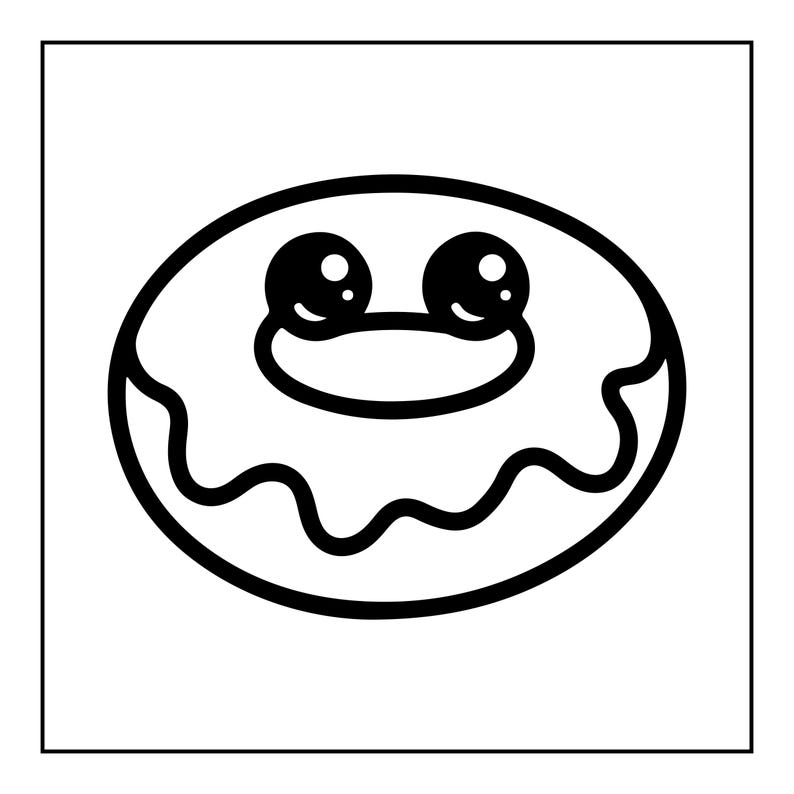 Pu&ograve; includere: Un'illustrazione a linee in bianco e nero di una ciambella con uno strato di glassa spesso e ondulato sulla parte superiore. La ciambella presenta due grandi occhi circolari con piccoli riflessi bianchi, conferendole un aspetto da personaggio.