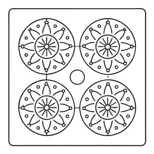 May include: A square black and white line art graphic featuring four identical circular mandala-style patterns arranged in a grid. Each circle contains a central starburst design surrounded by petal shapes and small dots, with a single circle in the centre.