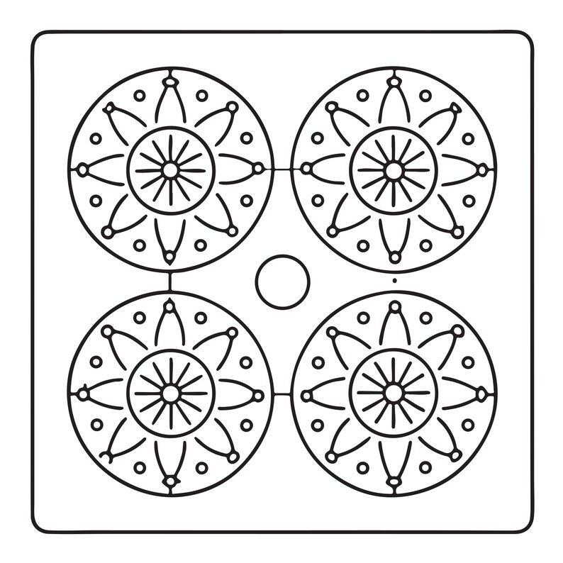 May include: A square black and white line art graphic featuring four identical circular mandala-style patterns arranged in a grid. Each circle contains a central starburst design surrounded by petal shapes and small dots, with a single circle in the centre.