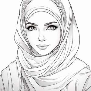 Pu&ograve; includere: Un'illustrazione in bianco e nero a tratto di una persona che indossa un hijab con un bordo decorativo a motivi. Il soggetto presenta tratti del viso dettagliati, tra cui sopracciglia e ciglia definite, realizzati in uno stile pulito.