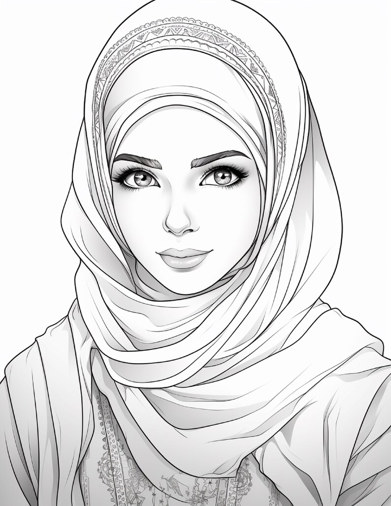 Pu&ograve; includere: Un'illustrazione in bianco e nero a tratto di una persona che indossa un hijab con un bordo decorativo a motivi. Il soggetto presenta tratti del viso dettagliati, tra cui sopracciglia e ciglia definite, realizzati in uno stile pulito.