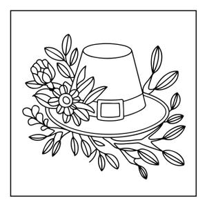 Op de afbeelding: Een zwart-wit lijntekening van een pelgrimshoed met een gesp, versierd met een tros bloemen en bladerrijke takken aan de zijkant. Het ontwerp heeft strakke, dikke lijnen die geschikt zijn voor kleurplaten of grafische projecten.